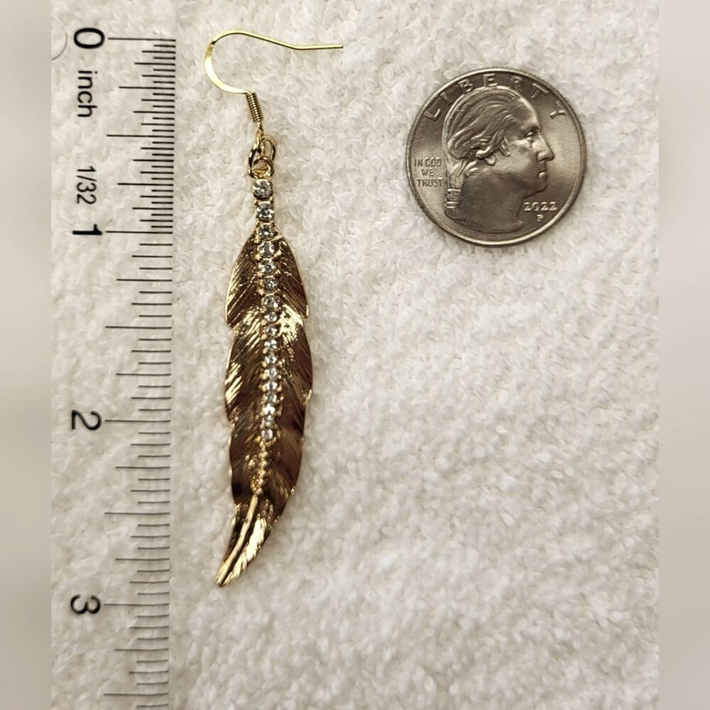 Feather and Rhinestone Statement Dangle Earrings / Pierced - Picture 6 of 6